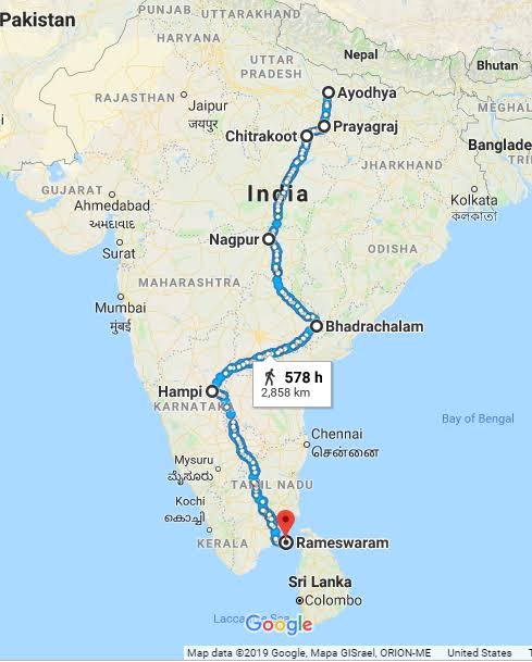 Birth Date of Lord Rama,Route taken by him to Sri Lanka-Map.